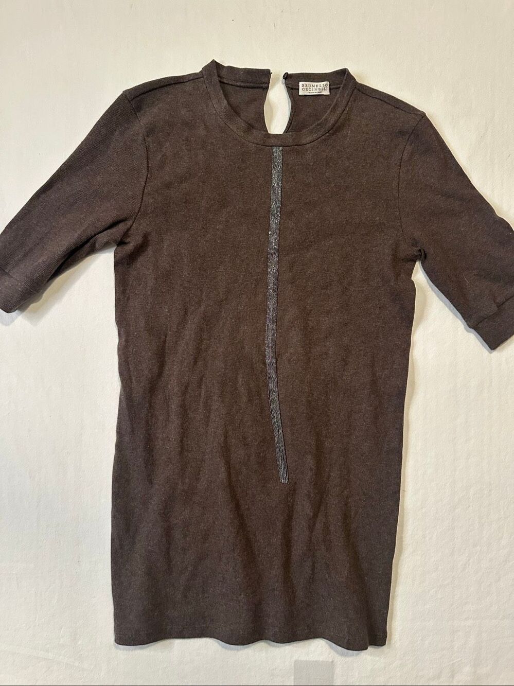 Brunello Cucinelli Brown Monili Trim Knit Top Size XL Italy 3/4 Sleeve Stretch